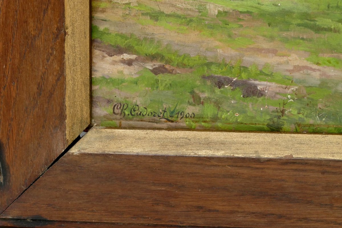 Landscape With The Eiffel Bridge, Oil On Cardboard Signed Cadoret, 1900. -photo-2