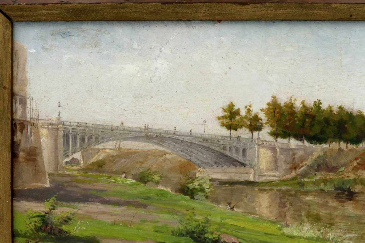 Landscape With The Eiffel Bridge, Oil On Cardboard Signed Cadoret, 1900. -photo-3