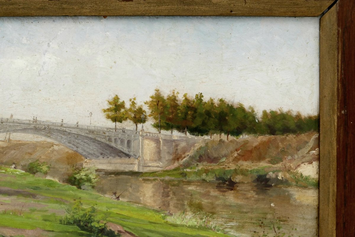 Landscape With The Eiffel Bridge, Oil On Cardboard Signed Cadoret, 1900. -photo-4