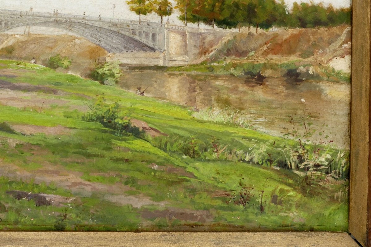 Landscape With The Eiffel Bridge, Oil On Cardboard Signed Cadoret, 1900. -photo-1