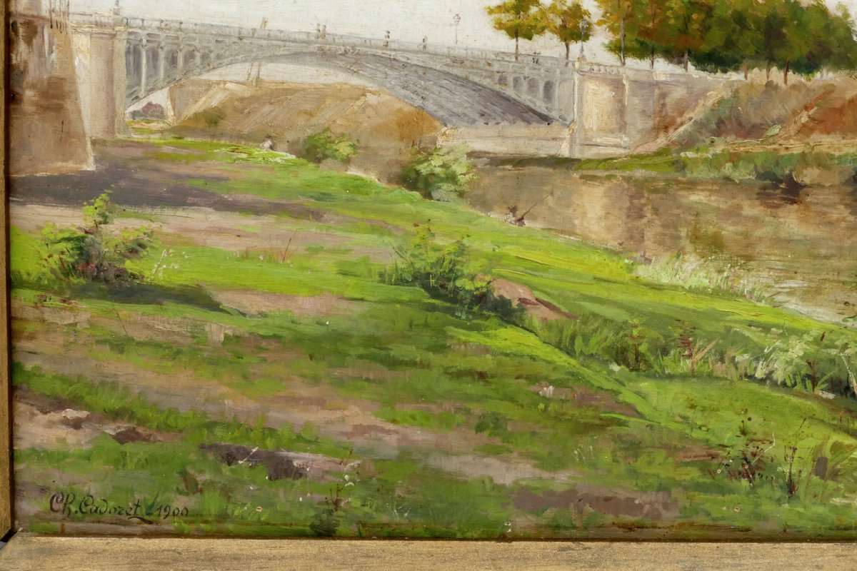 Landscape With The Eiffel Bridge, Oil On Cardboard Signed Cadoret, 1900. -photo-2