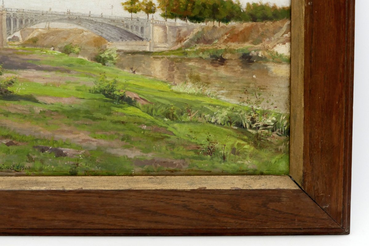Landscape With The Eiffel Bridge, Oil On Cardboard Signed Cadoret, 1900. -photo-5