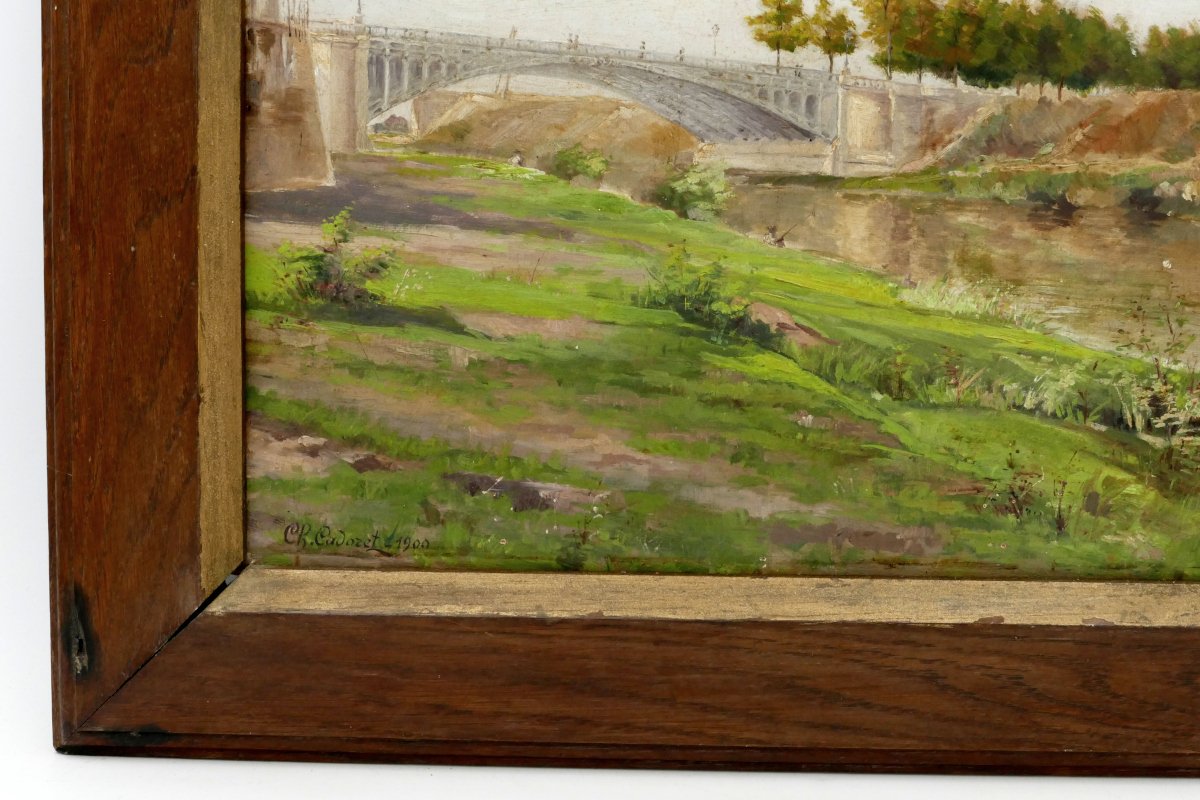 Landscape With The Eiffel Bridge, Oil On Cardboard Signed Cadoret, 1900. -photo-6