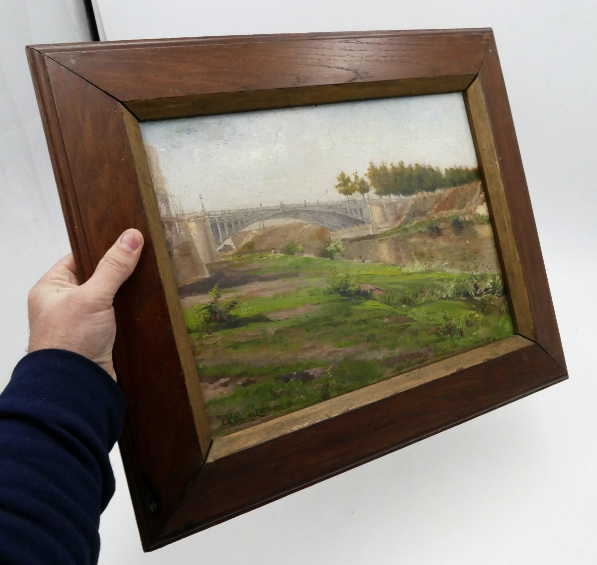 Landscape With The Eiffel Bridge, Oil On Cardboard Signed Cadoret, 1900. -photo-8