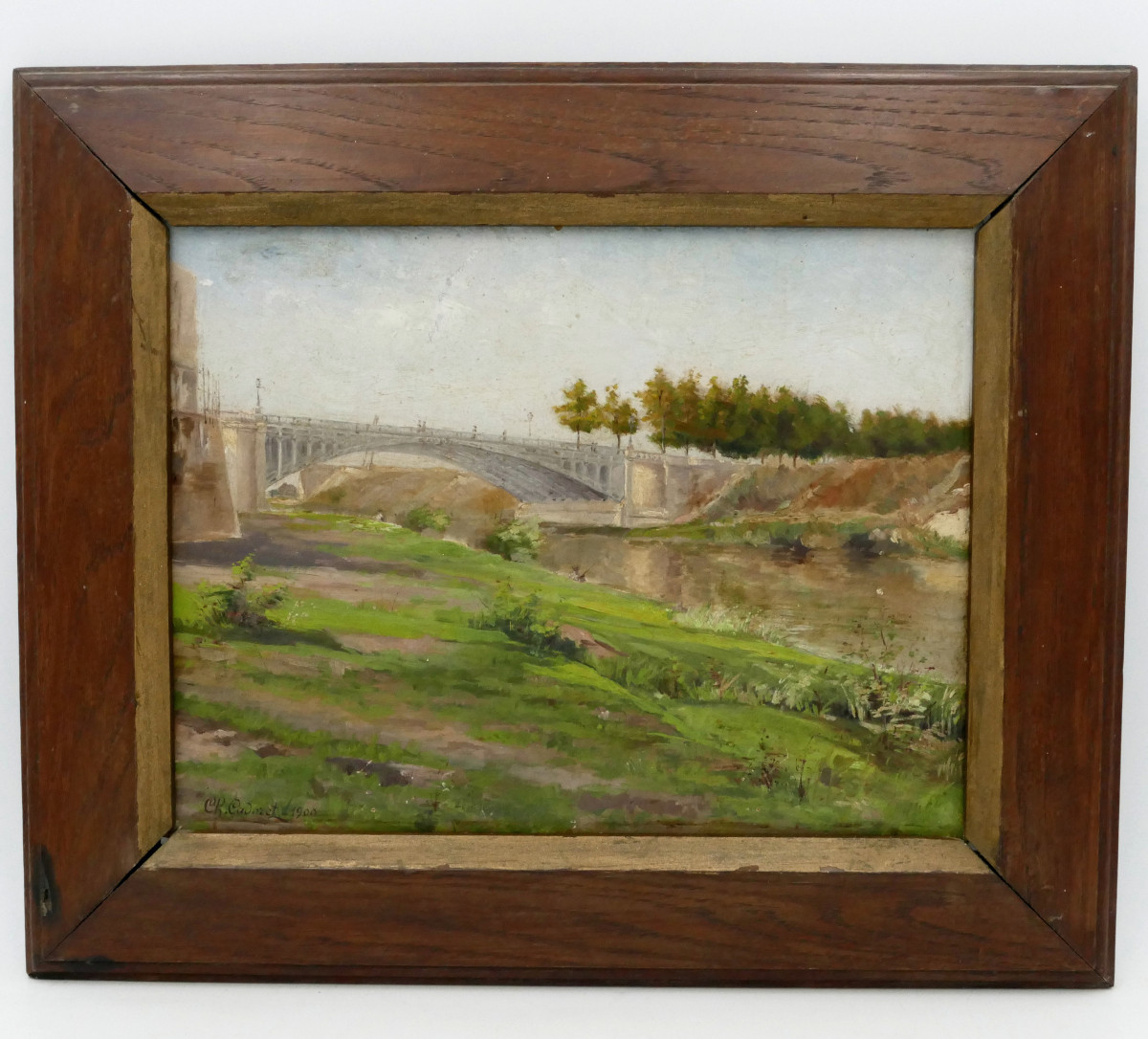 Landscape With The Eiffel Bridge, Oil On Cardboard Signed Cadoret, 1900. 