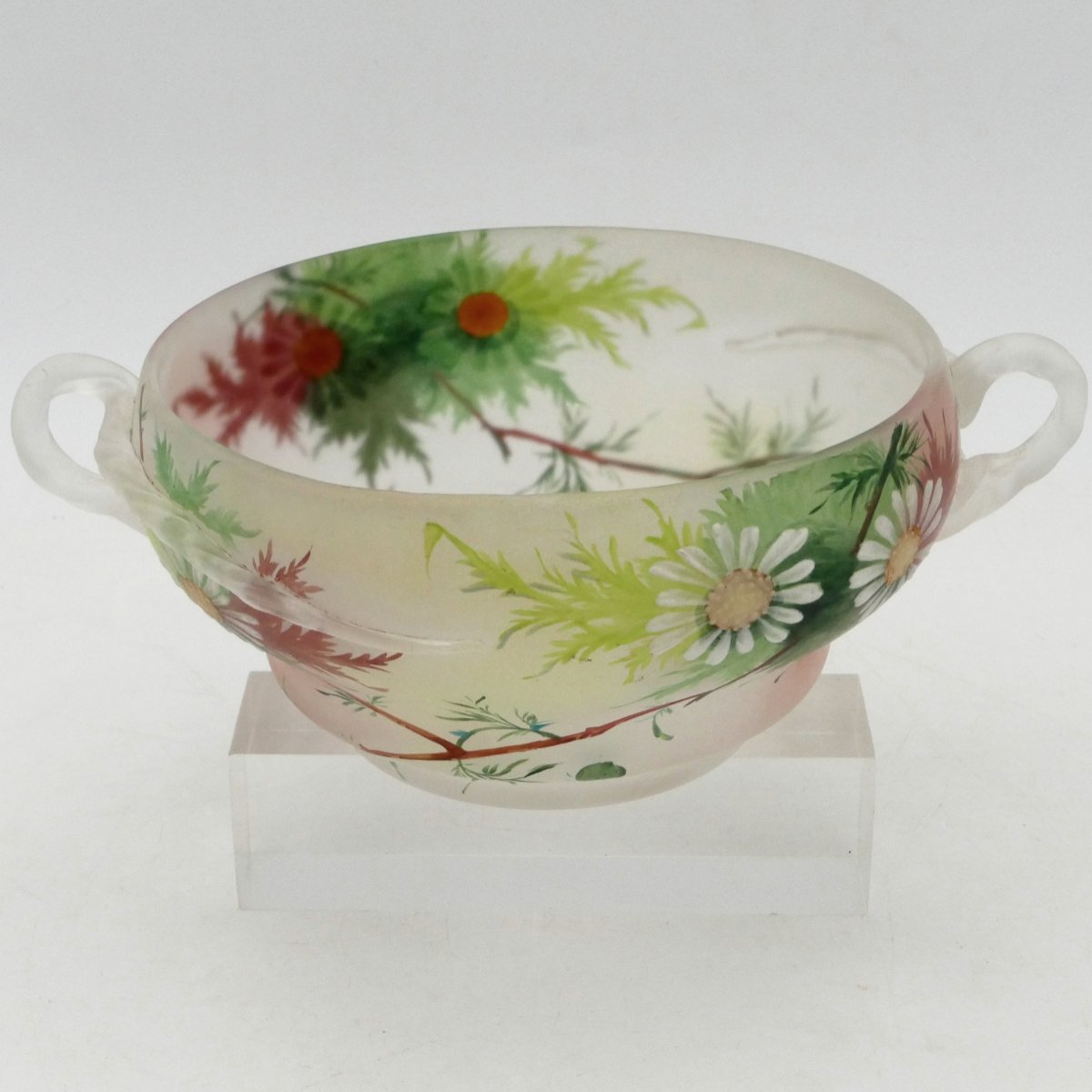 Art Nouveau Glass Paste Bowl, Decorated With Painted Daisies.-photo-2