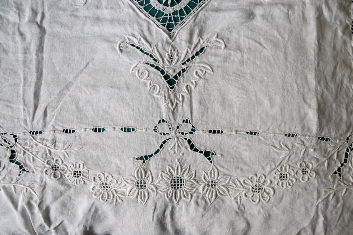 Embroidered And Openwork Bedspread For A Double Bed, Art Nouveau Style.-photo-2