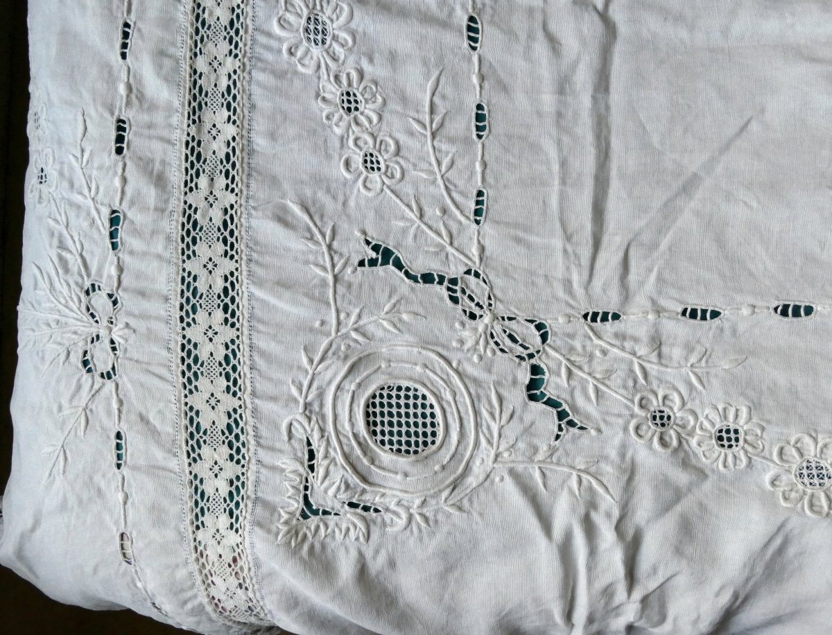 Embroidered And Openwork Bedspread For A Double Bed, Art Nouveau Style.-photo-3