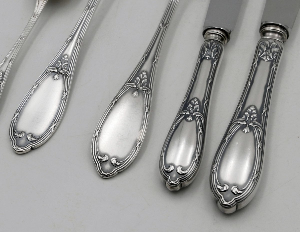 140-piece Louis XVI Style Flatware Set, Ribbons, Case, Silver-plated Metal, 20th Century.-photo-8