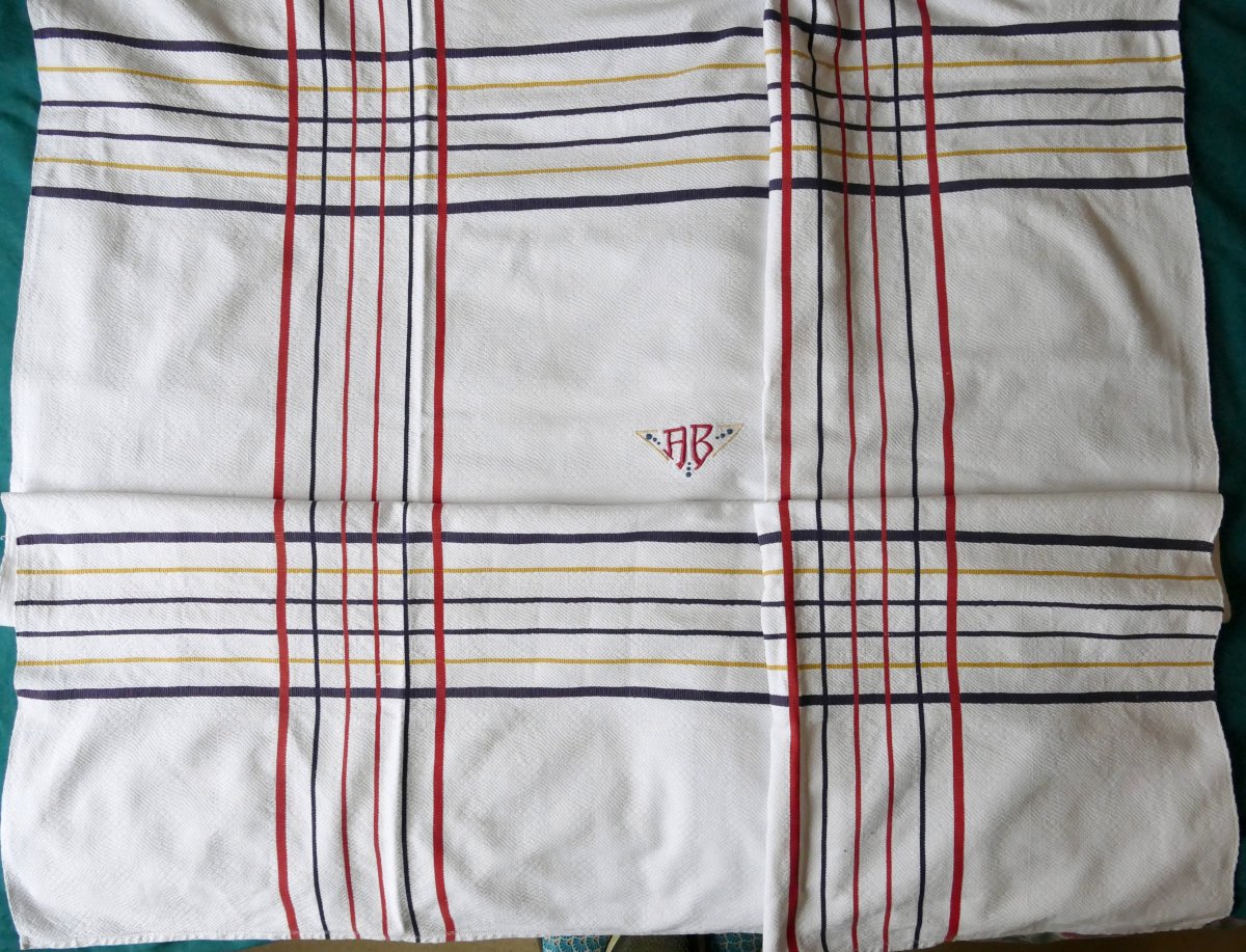 Basque Country Tablecloth, Monogram “ab” Red, Blue And Yellow Stripes, Art Deco.-photo-2