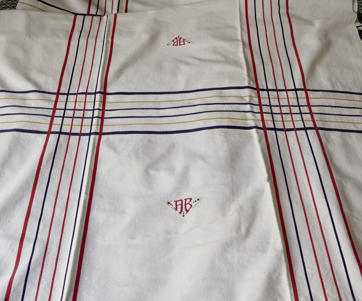 Basque Country Tablecloth, Monogram “ab” Red, Blue And Yellow Stripes, Art Deco.-photo-4