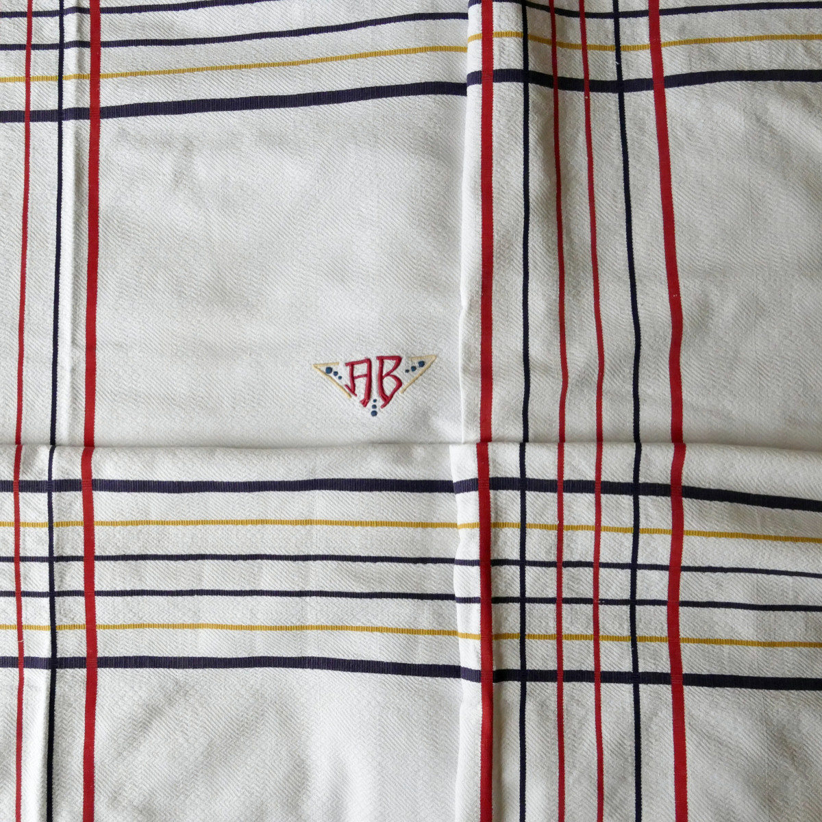 Basque Country Tablecloth, Monogram “ab” Red, Blue And Yellow Stripes, Art Deco.