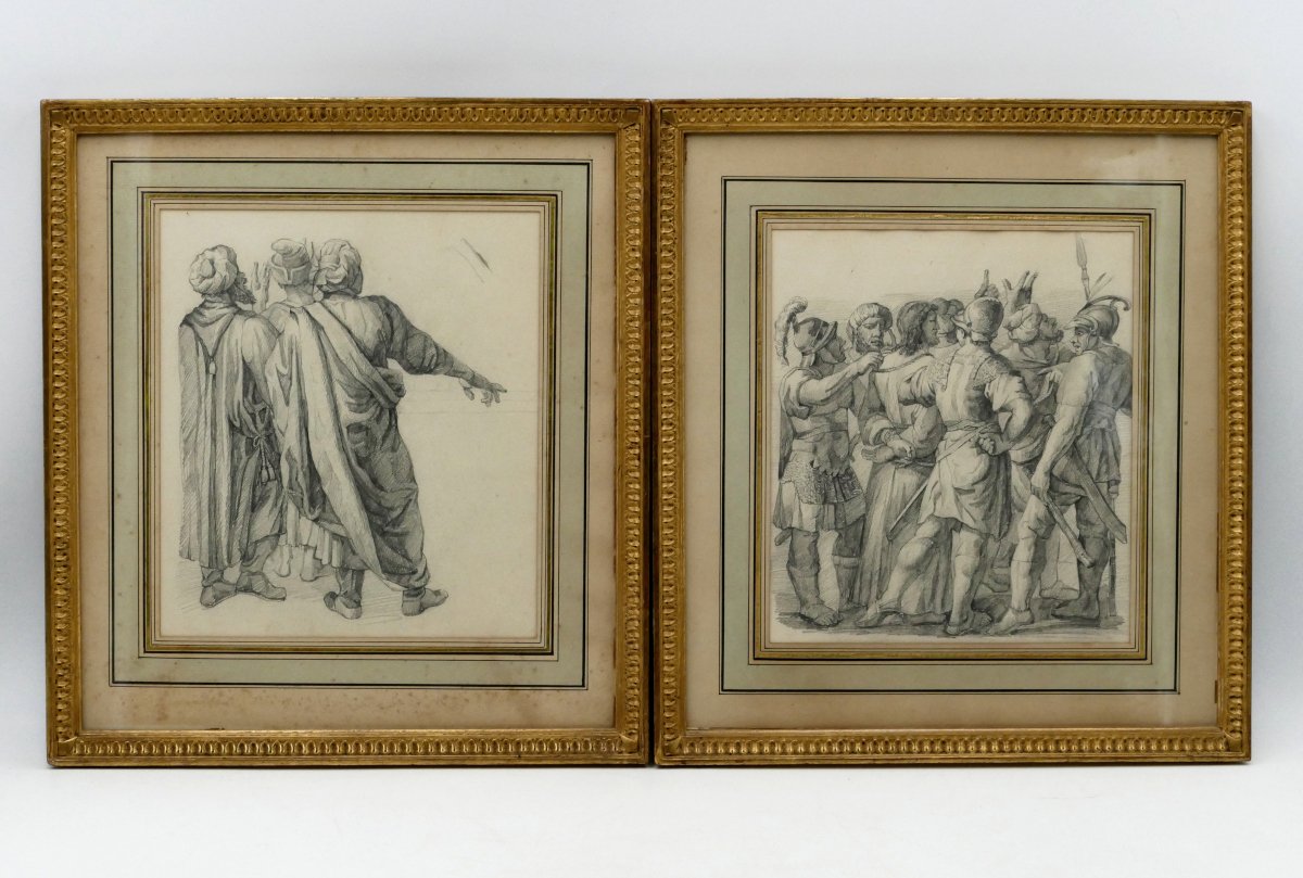 Roman School, Pair Of Drawings, "christ Before Pilate", 19th Century.-photo-3