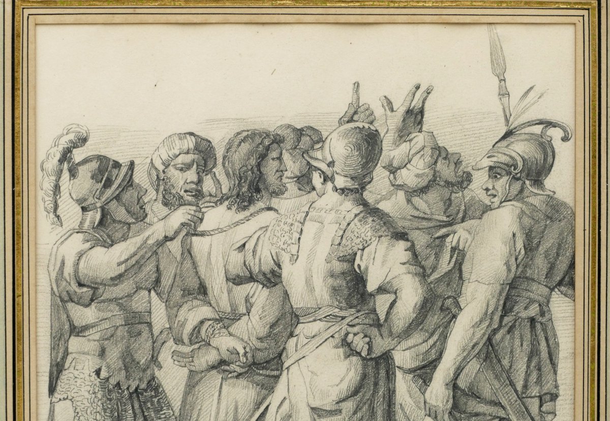 Roman School, Pair Of Drawings, "christ Before Pilate", 19th Century.-photo-1