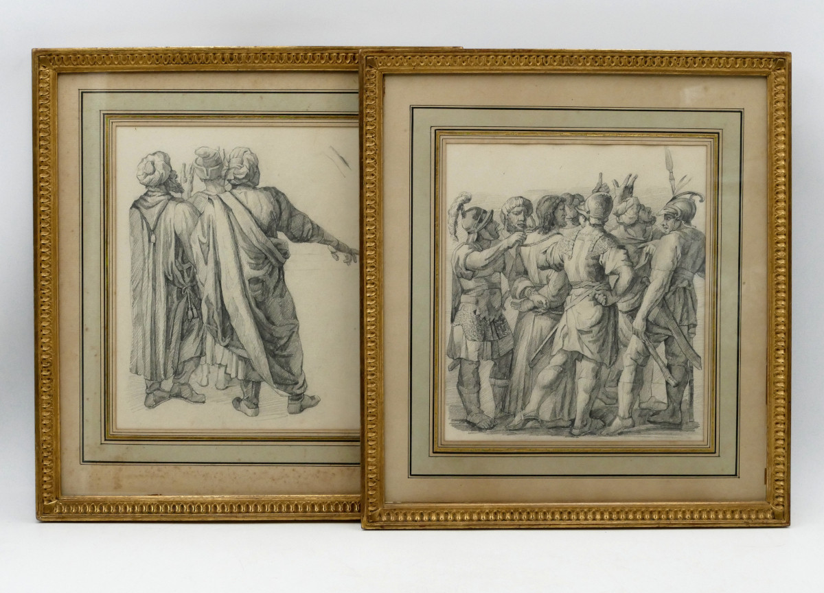 Roman School, Pair Of Drawings, "christ Before Pilate", 19th Century.
