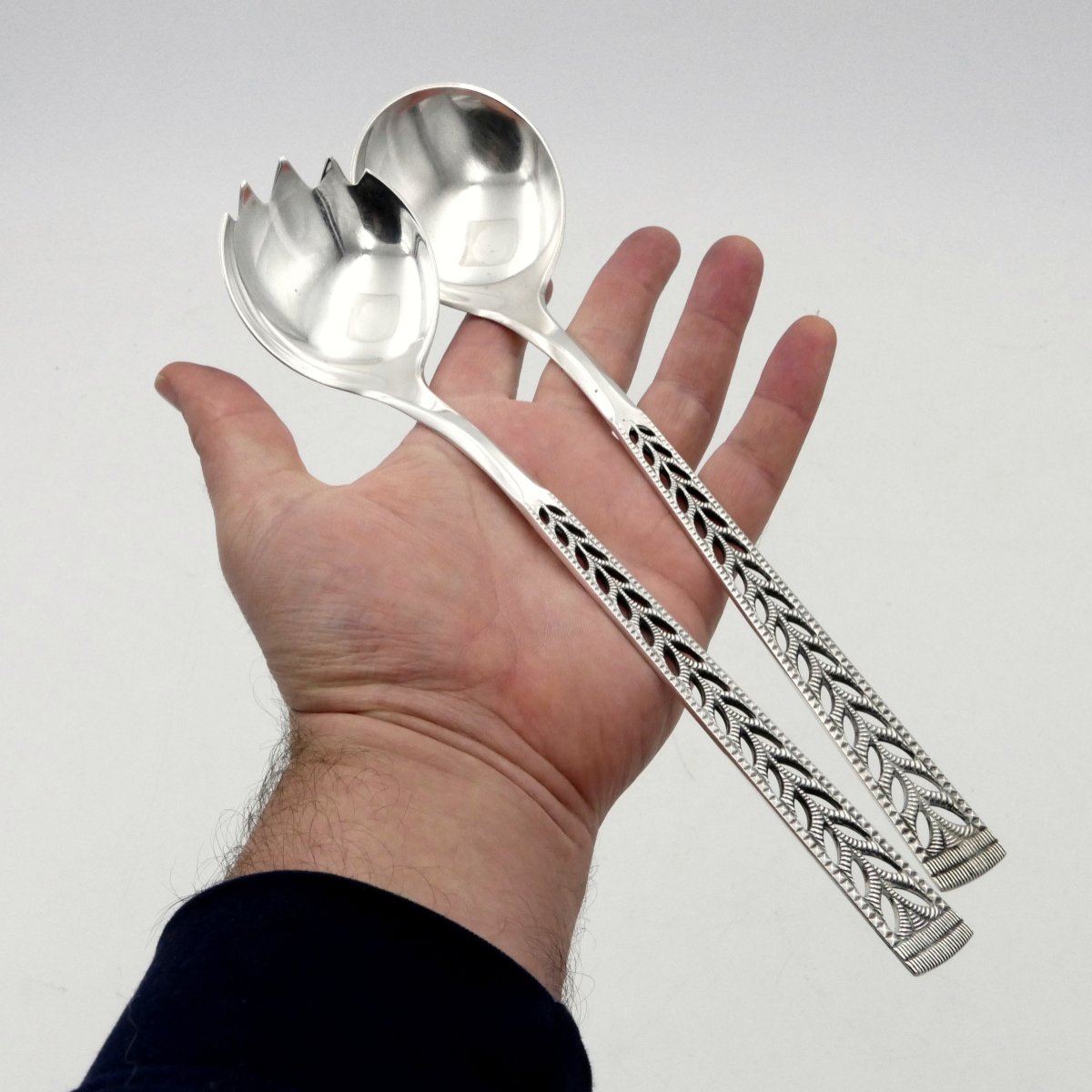  Norvège, longs couverts à salade en argent massif 830 S, XXe siècle. -photo-5