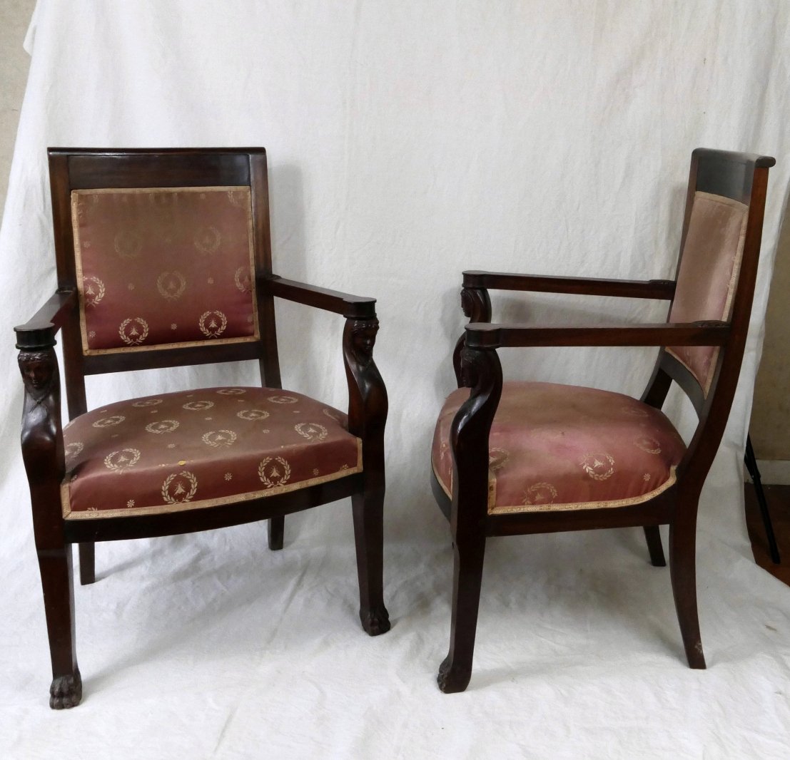 Pair Of Empire Armchairs, Armrests In The Form Of Women's Busts, 19th Century.-photo-2