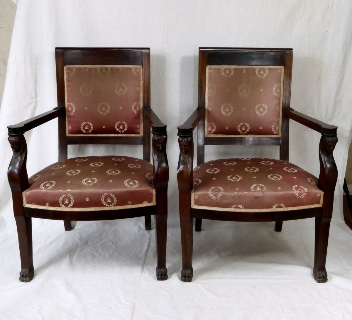 Pair Of Empire Armchairs, Armrests In The Form Of Women's Busts, 19th Century.-photo-3