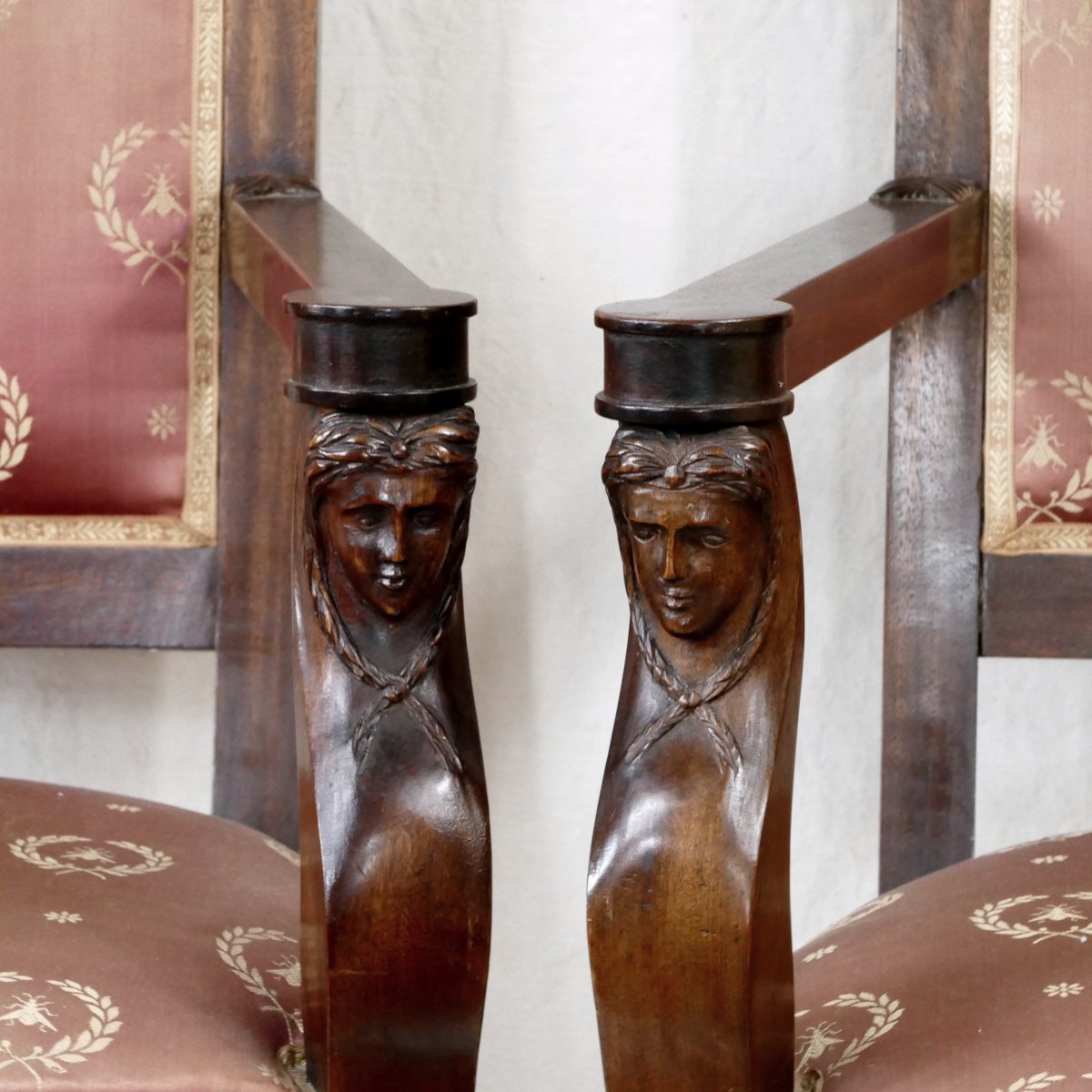 Pair Of Empire Armchairs, Armrests In The Form Of Women's Busts, 19th Century.-photo-4