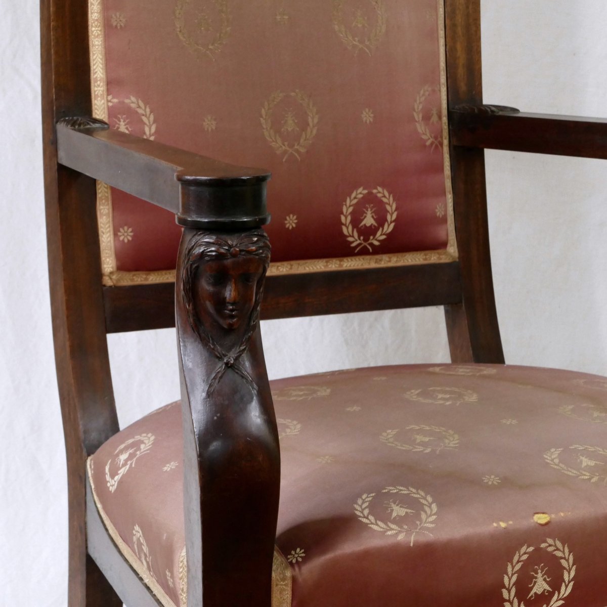 Pair Of Empire Armchairs, Armrests In The Form Of Women's Busts, 19th Century.-photo-7