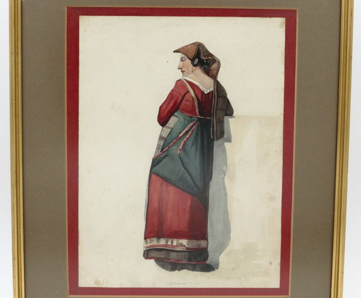 École italienne, aquarelle, « Napolitaine à la robe rouge et verte », vers 1840, XIXe siècle. -photo-3