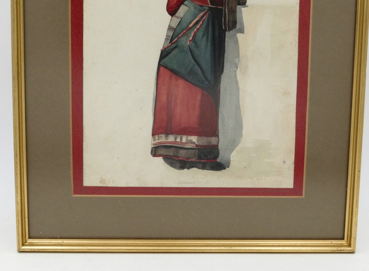 École italienne, aquarelle, « Napolitaine à la robe rouge et verte », vers 1840, XIXe siècle. -photo-4