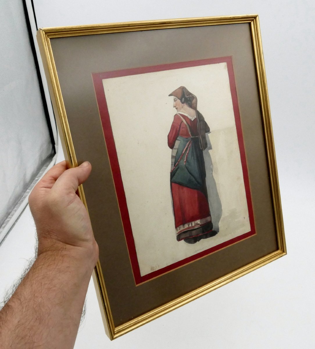 École italienne, aquarelle, « Napolitaine à la robe rouge et verte », vers 1840, XIXe siècle. -photo-2