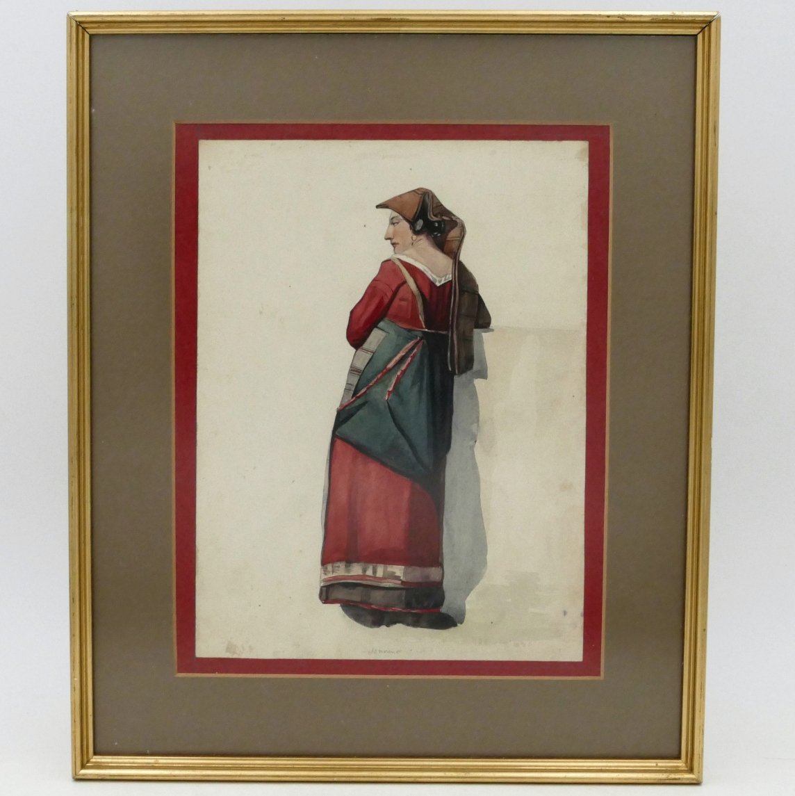 École italienne, aquarelle, « Napolitaine à la robe rouge et verte », vers 1840, XIXe siècle. 