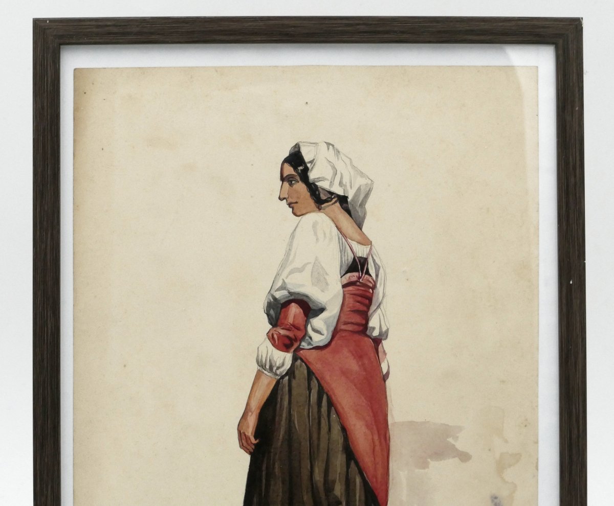École italienne, aquarelle, « Napolitaine à la robe verte », vers 1840, XIXe siècle, n°2.-photo-4