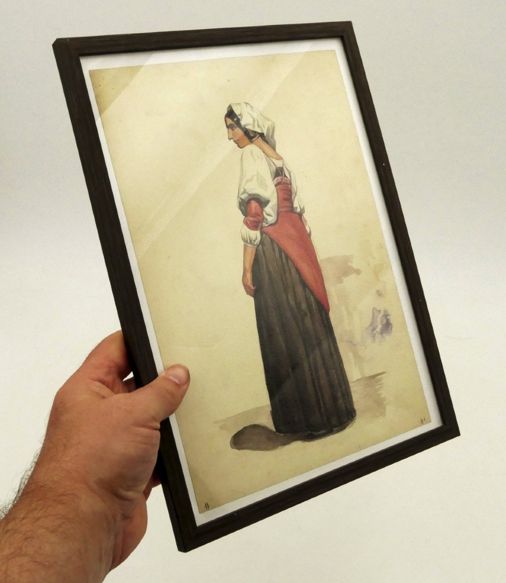 École italienne, aquarelle, « Napolitaine à la robe verte », vers 1840, XIXe siècle, n°2.-photo-2