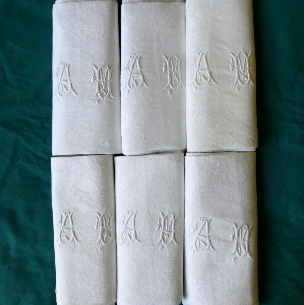 Six grandes serviettes « A H » damassées Art Nouveau. -photo-2