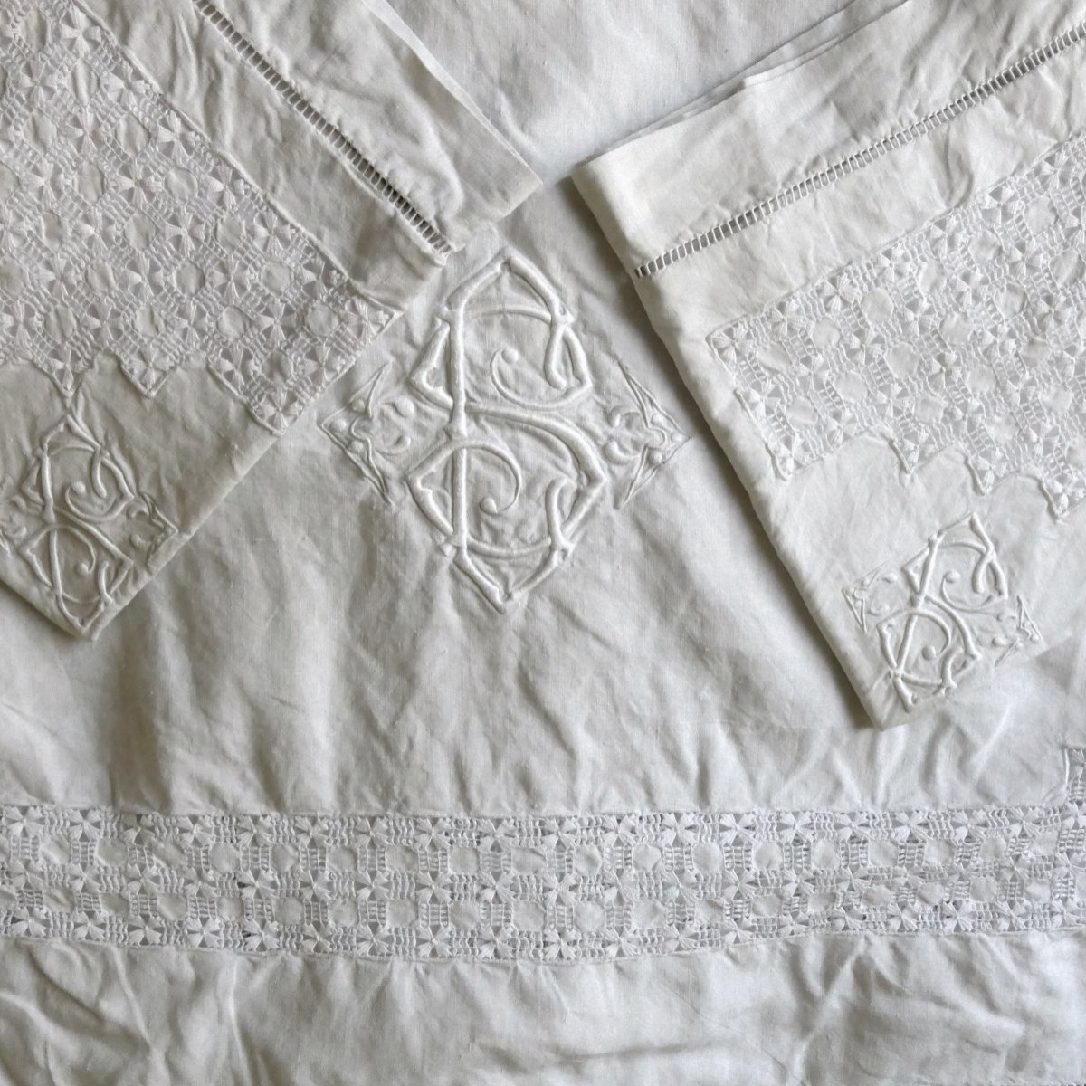Bedding Set, Large Bedsheet Embroidered With “c S,” Richly Openwork, With Matching Pillowcases, Early 20th Century.-photo-2