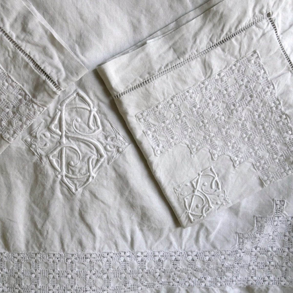 Bedding Set, Large Bedsheet Embroidered With “c S,” Richly Openwork, With Matching Pillowcases, Early 20th Century.-photo-3