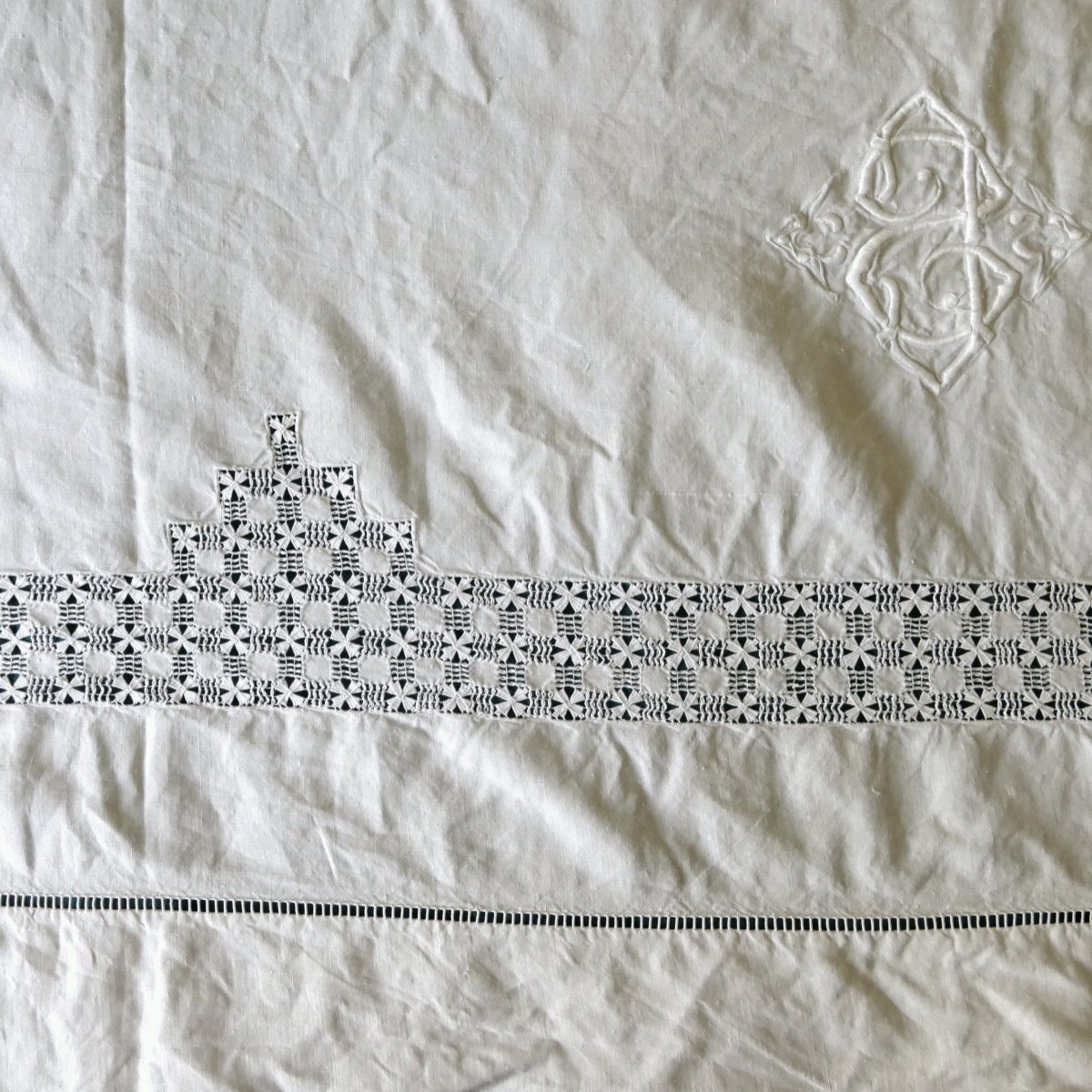 Bedding Set, Large Bedsheet Embroidered With “c S,” Richly Openwork, With Matching Pillowcases, Early 20th Century.-photo-3
