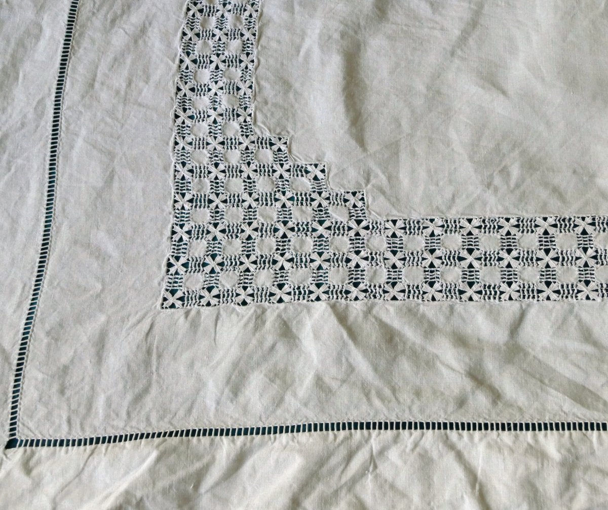 Bedding Set, Large Bedsheet Embroidered With “c S,” Richly Openwork, With Matching Pillowcases, Early 20th Century.-photo-4