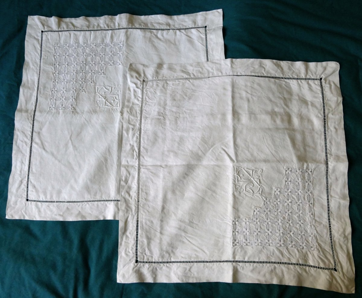 Bedding Set, Large Bedsheet Embroidered With “c S,” Richly Openwork, With Matching Pillowcases, Early 20th Century.-photo-5