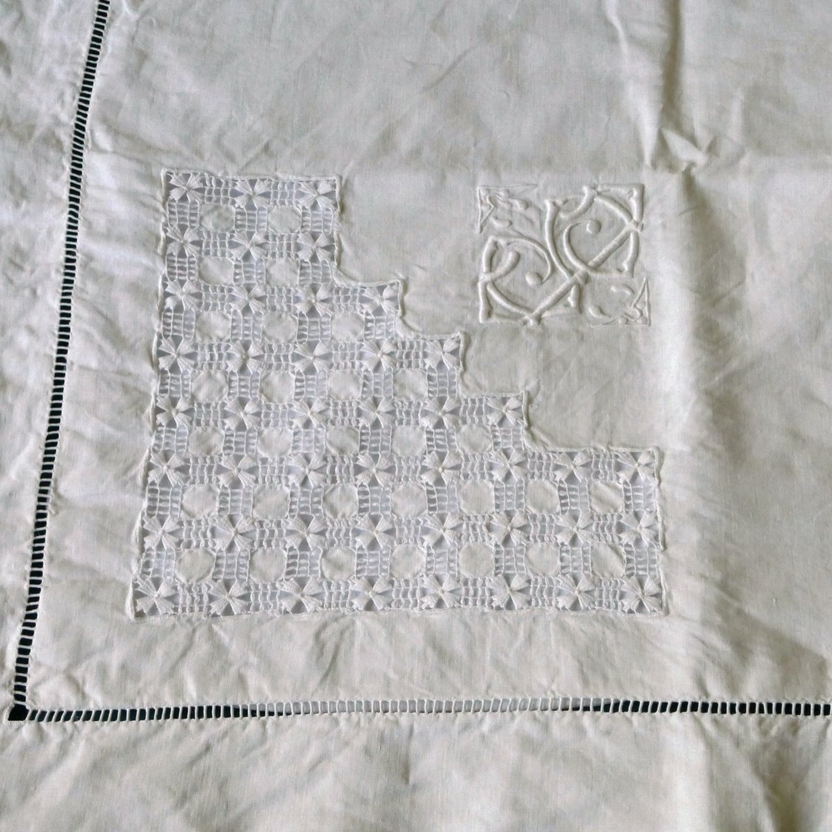 Bedding Set, Large Bedsheet Embroidered With “c S,” Richly Openwork, With Matching Pillowcases, Early 20th Century.-photo-7