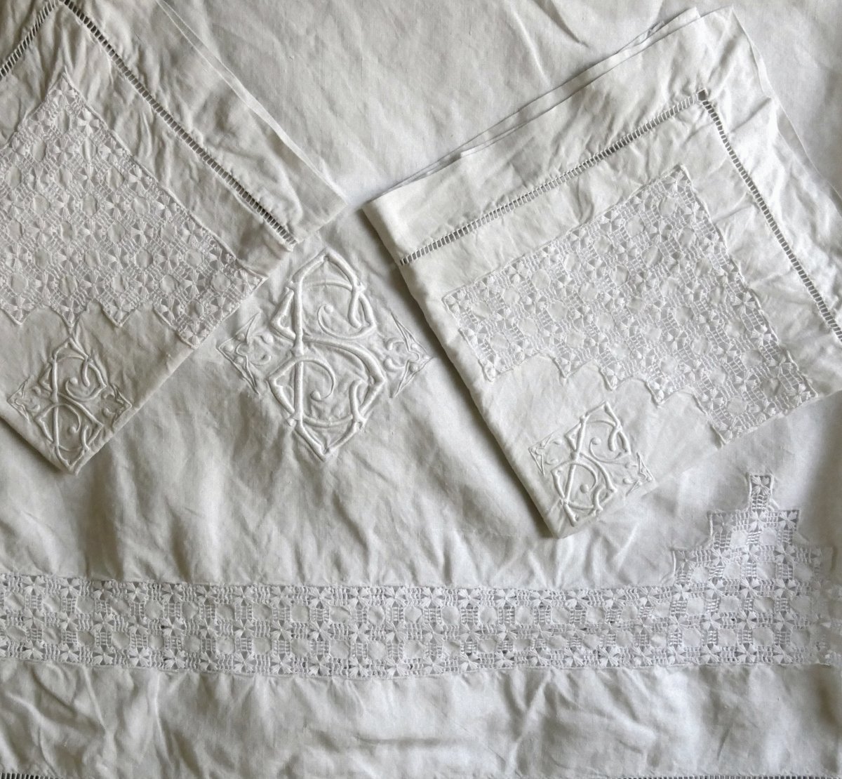 Bedding Set, Large Bedsheet Embroidered With “c S,” Richly Openwork, With Matching Pillowcases, Early 20th Century.