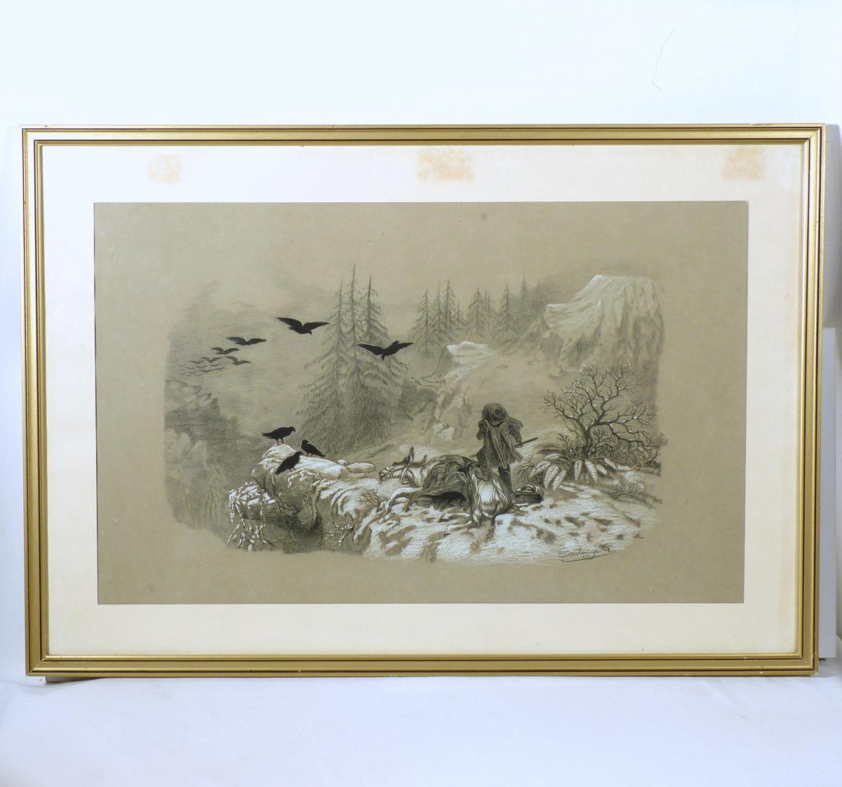 Drawing Pastel And Charcoal "drama In The Mountain" Circa 1880