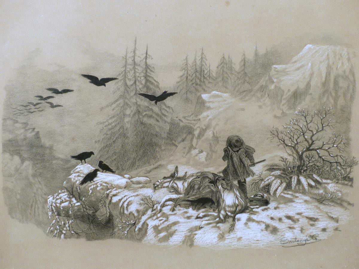 Drawing Pastel And Charcoal "drama In The Mountain" Circa 1880-photo-2