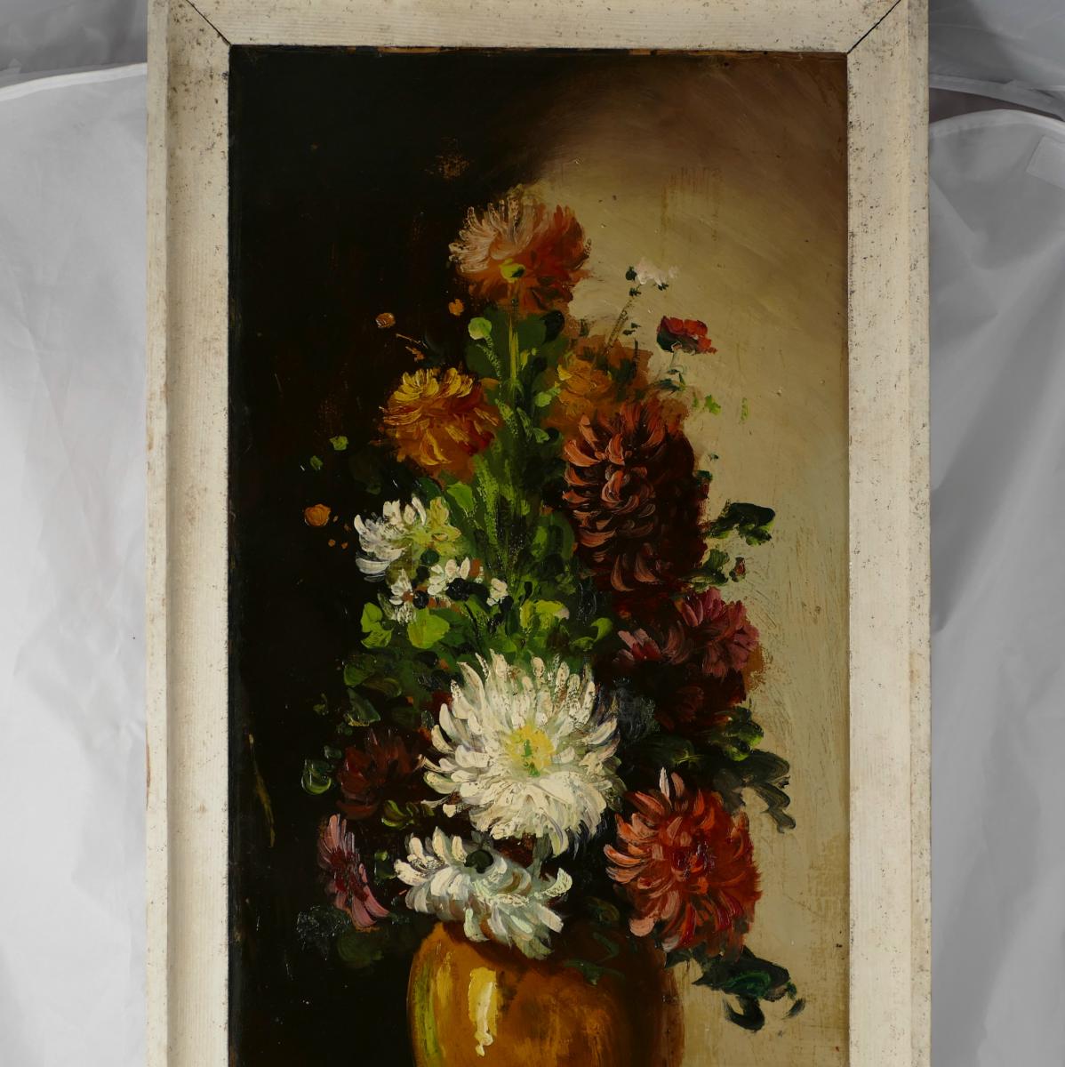Oil On Cardboard, Bouquet Of Dahlias, Early XXème.-photo-3