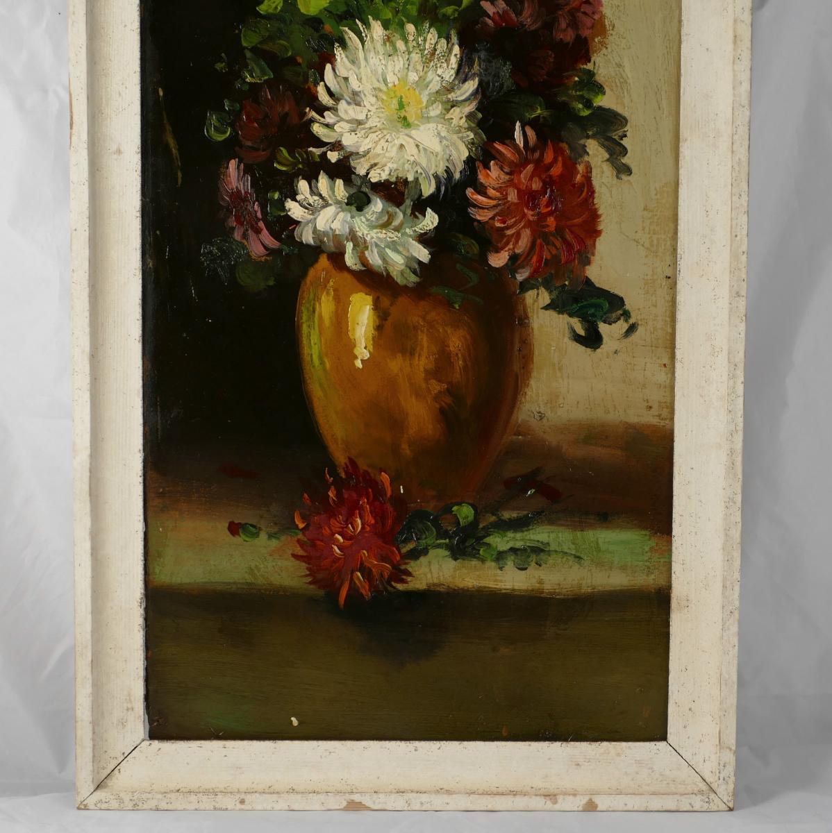 Huile Sur Carton, Bouquet De Dahlias, Début XXème.-photo-4