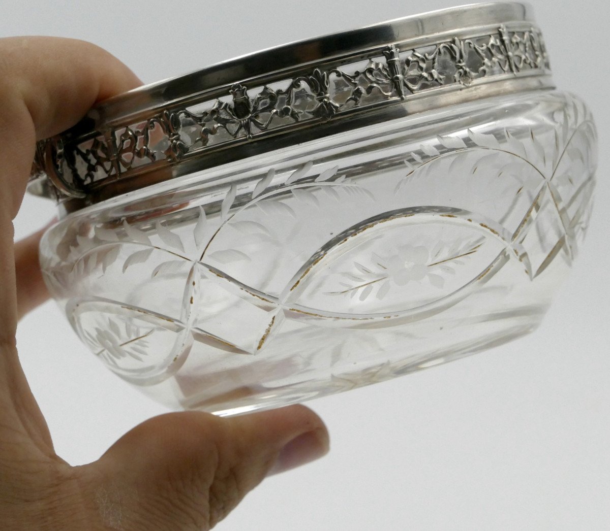 Small Cup Or Bezel In Engraved Crystal, Sterling Silver Mount, Minerva.-photo-7