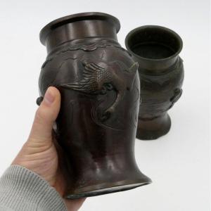 Japan. Pair Of Bronze Vases, Bird Decor, Late 19th Century To 1900.