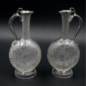 Pair Of Engraved Bohemian Crystal Decanters, Late 19th Century, 18th Century Style.