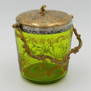 Seau à Biscuits, Pot, Art Nouveau, Métal Argenté, Doré, Verre Vert Gravé à l'Or.