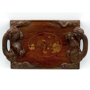 Indochina, Important Carved And Inlaid Tray, Dragon Decor, Early 20th Century.