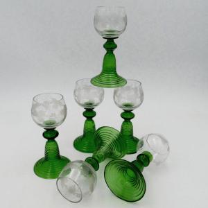 6 Wine Glasses, Rhine Crystal Called Römer Or Roemer, Early 20th Century.