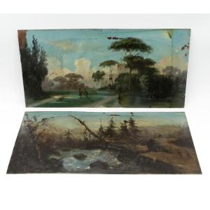 Pair Of Oil Paintings On Sheet Metal, 18th Century, Animated Landscapes.