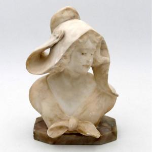 Alberto Saccardi, (1883 1956), Sculpture En Albâtre, Buste De Jeune Fille, 1900.